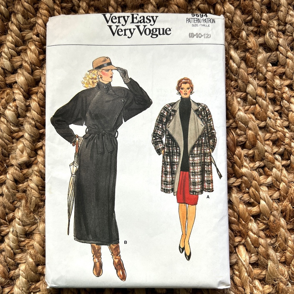 VOGUE  pattern 9694 TRENCH COAT, DEEP RAGLAN VENTED SLEEVES, side pockets